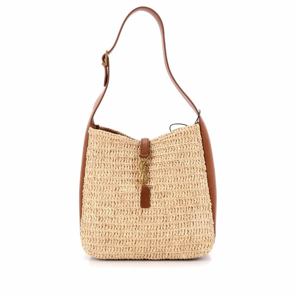 YSL Saint Laurent Le 5 a 7 Supple Small Hobo Raffia and Leather Shoulder Handbag - Picture 2 of 12